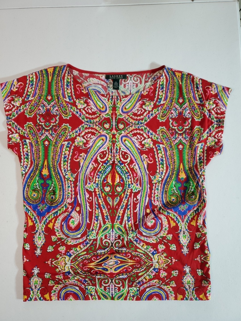 Lauren Ralph Lauren Med Red Coachella Inspired Paisley Short Sleeve Top